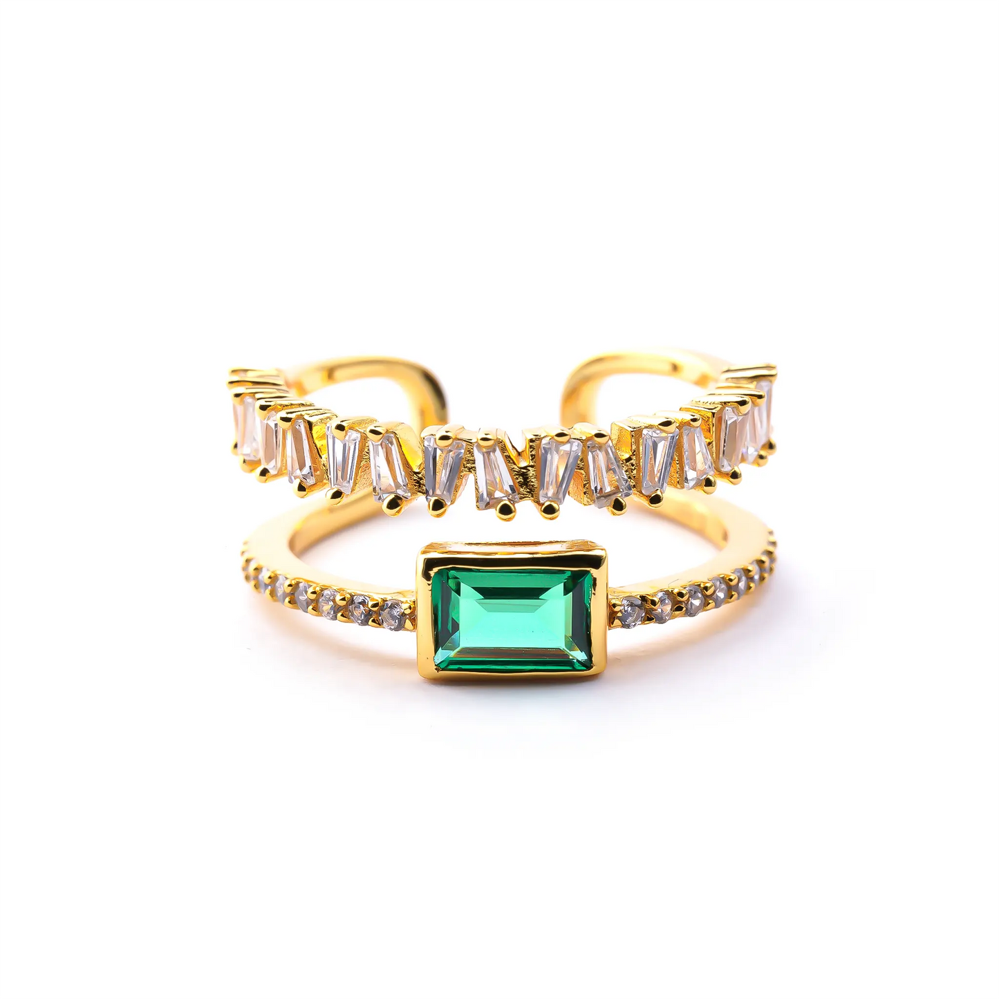 Lab emerald double ring with open end and 18 carat gold plating
