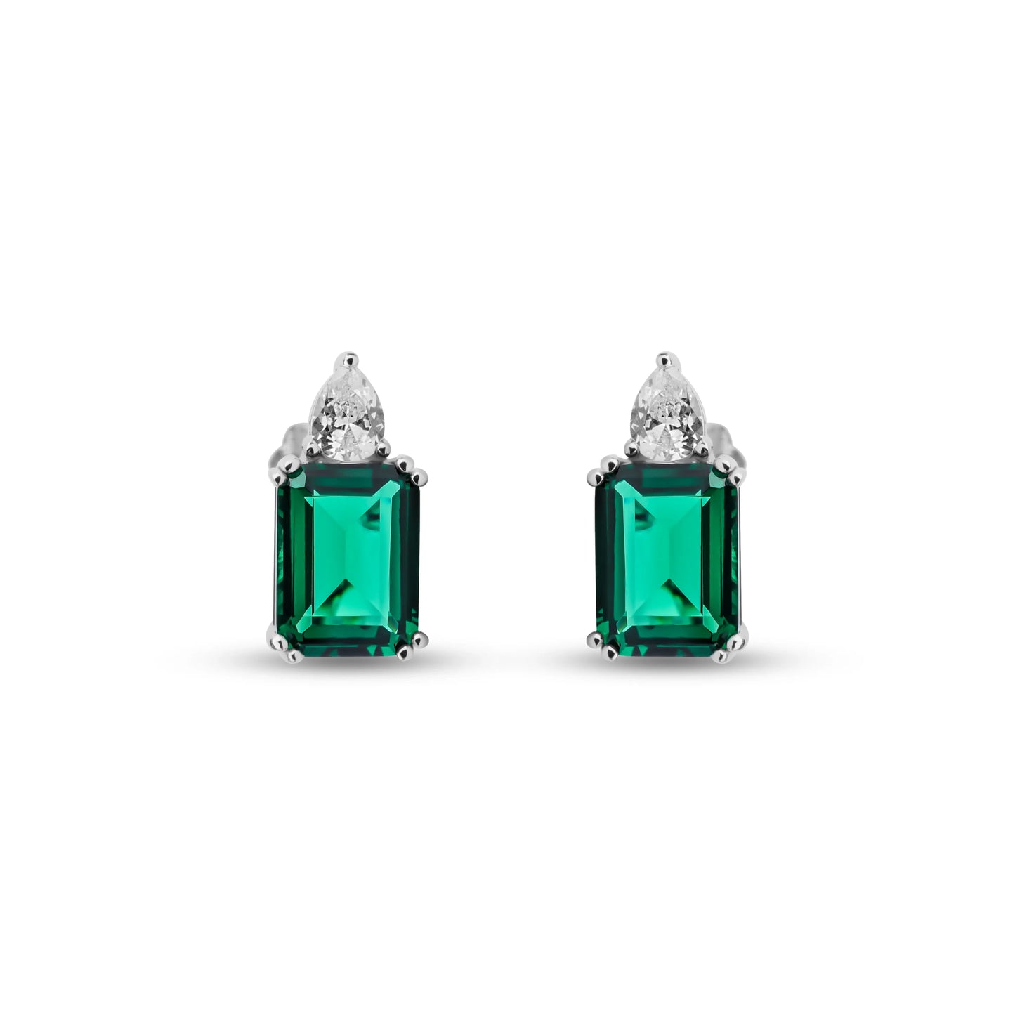 Lab emerald studs in emerald cut shape stone with pear cut stone at top held by 8 claws made of silver and gold plated - Onyx Oslo