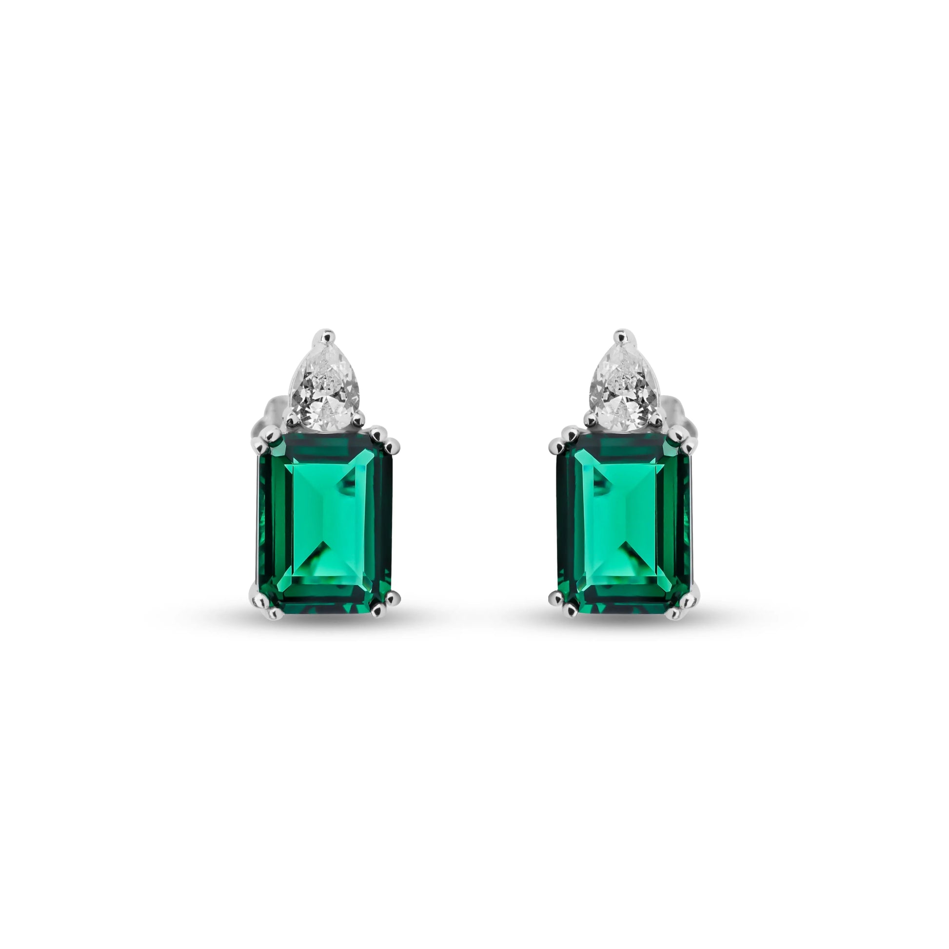 Lab emerald studs in emerald cut shape stone with pear cut stone at top held by 8 claws made of silver and gold plated - Onyx Oslo