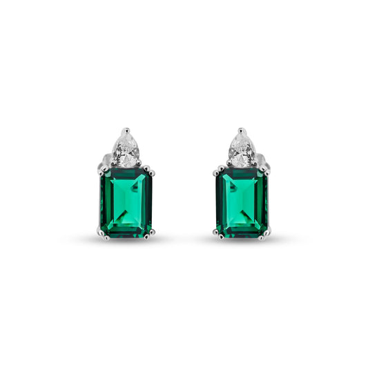 Lab emerald studs in emerald cut shape stone with pear cut stone at top held by 8 claws made of silver and gold plated - Onyx Oslo